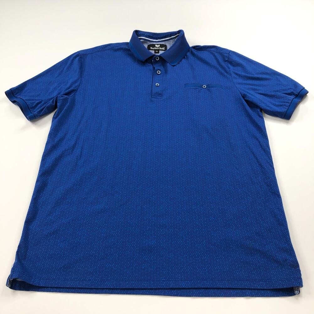 Buttercloth XL 100% Cotton Golf Short Sleeve Button Polo Shirt Printed Blue